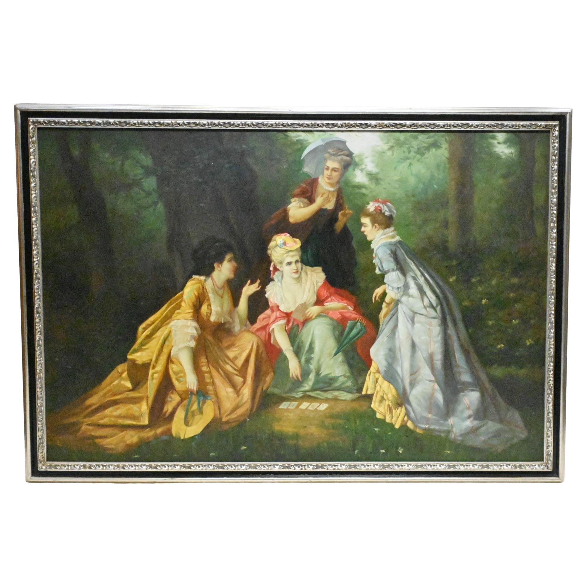 Pittura ad olio georgiana Signora Gioco di Carte Ritratto Pre Raffaello