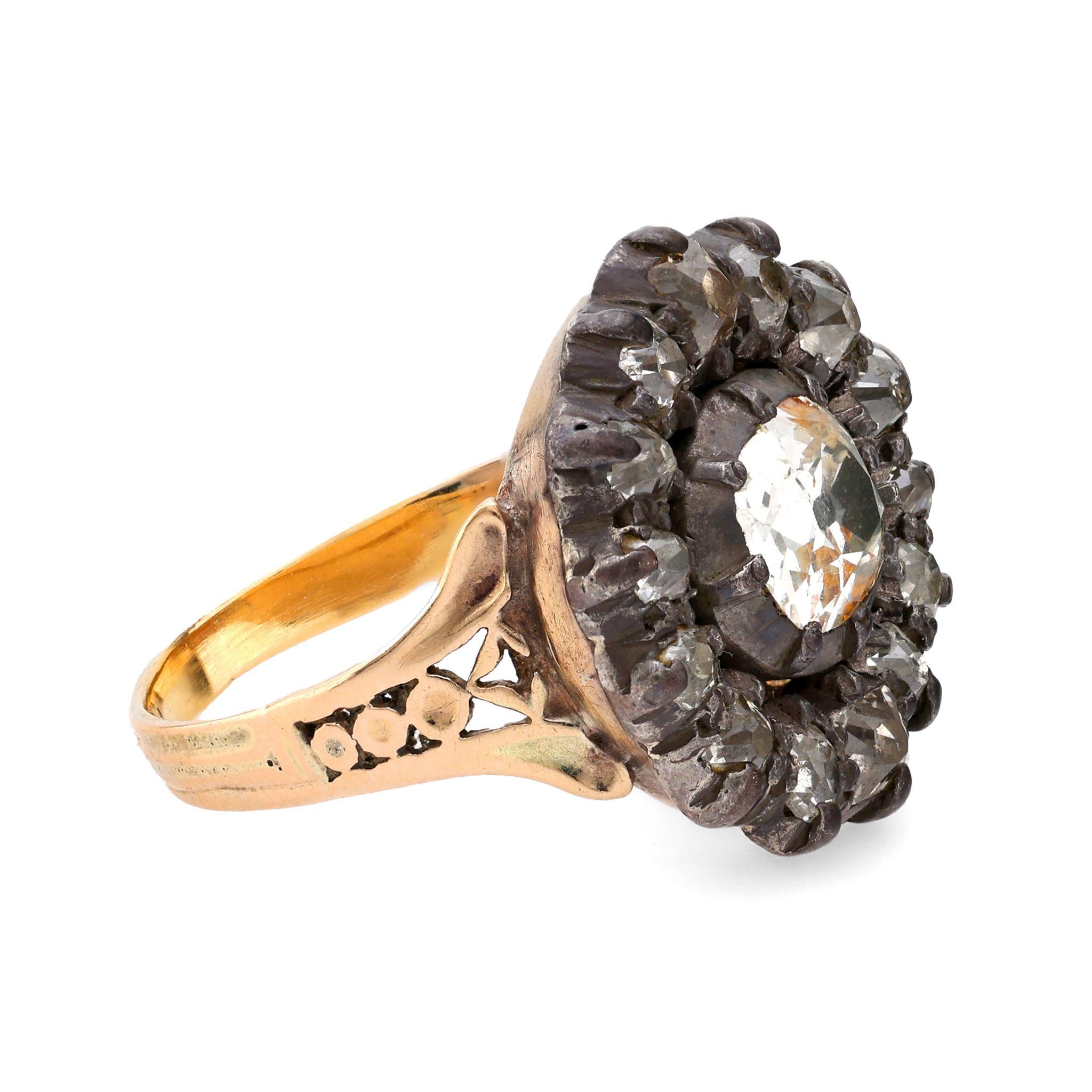 Old Mine Cut Georgian old cut diamond 14k yellow gold silver cluster ring