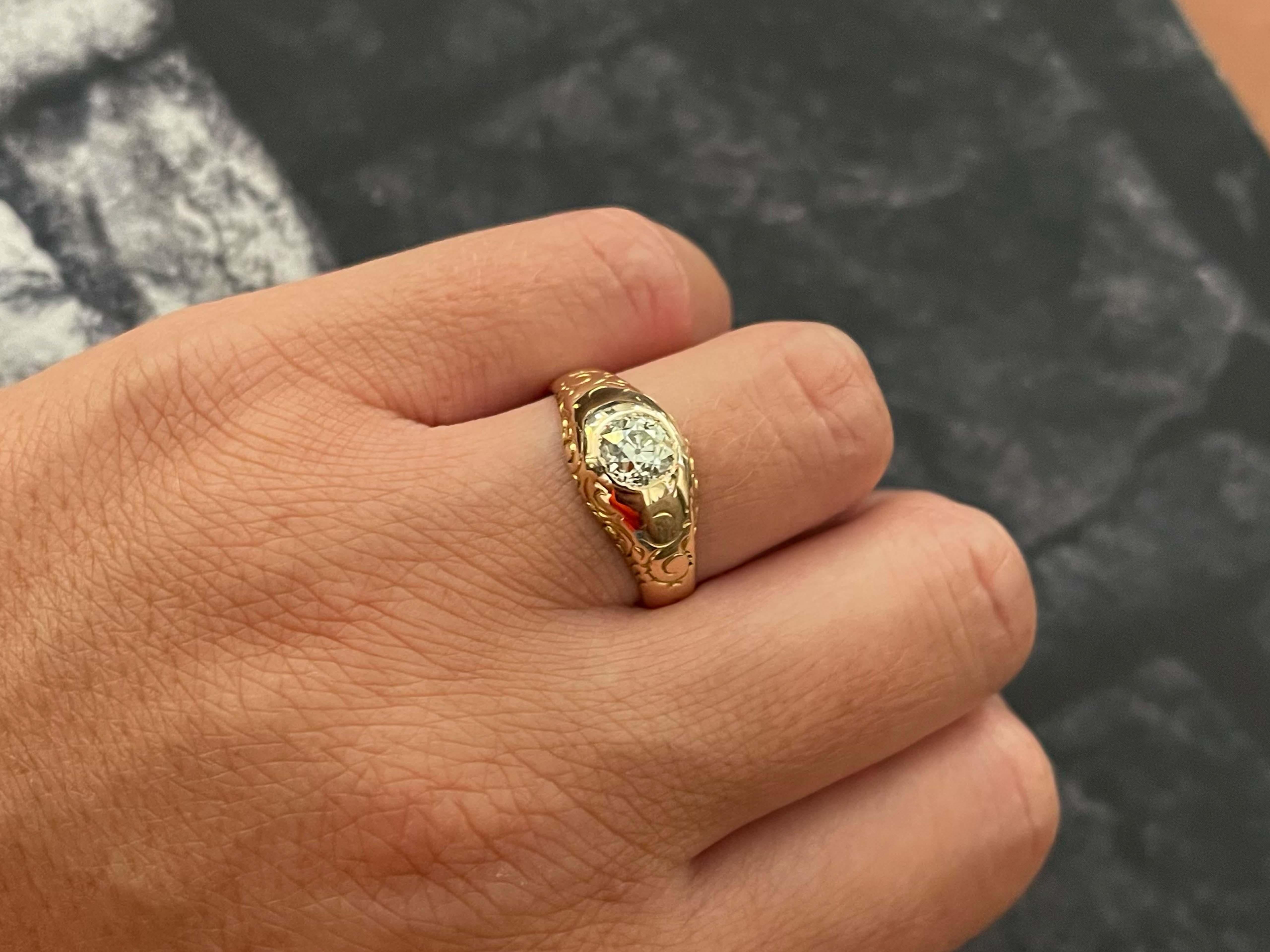 Item Specifications:

Metal: 14k Pink Gold

Style: Statement Ring

Ring Size: 8.75 (resizing available for a fee)

Total Weight: 5.2 Grams

Diamond Count: 1 old European cut 

Diamond Carat Weight: 0.82


Diamond Clarity: SI2


Diamond Color: