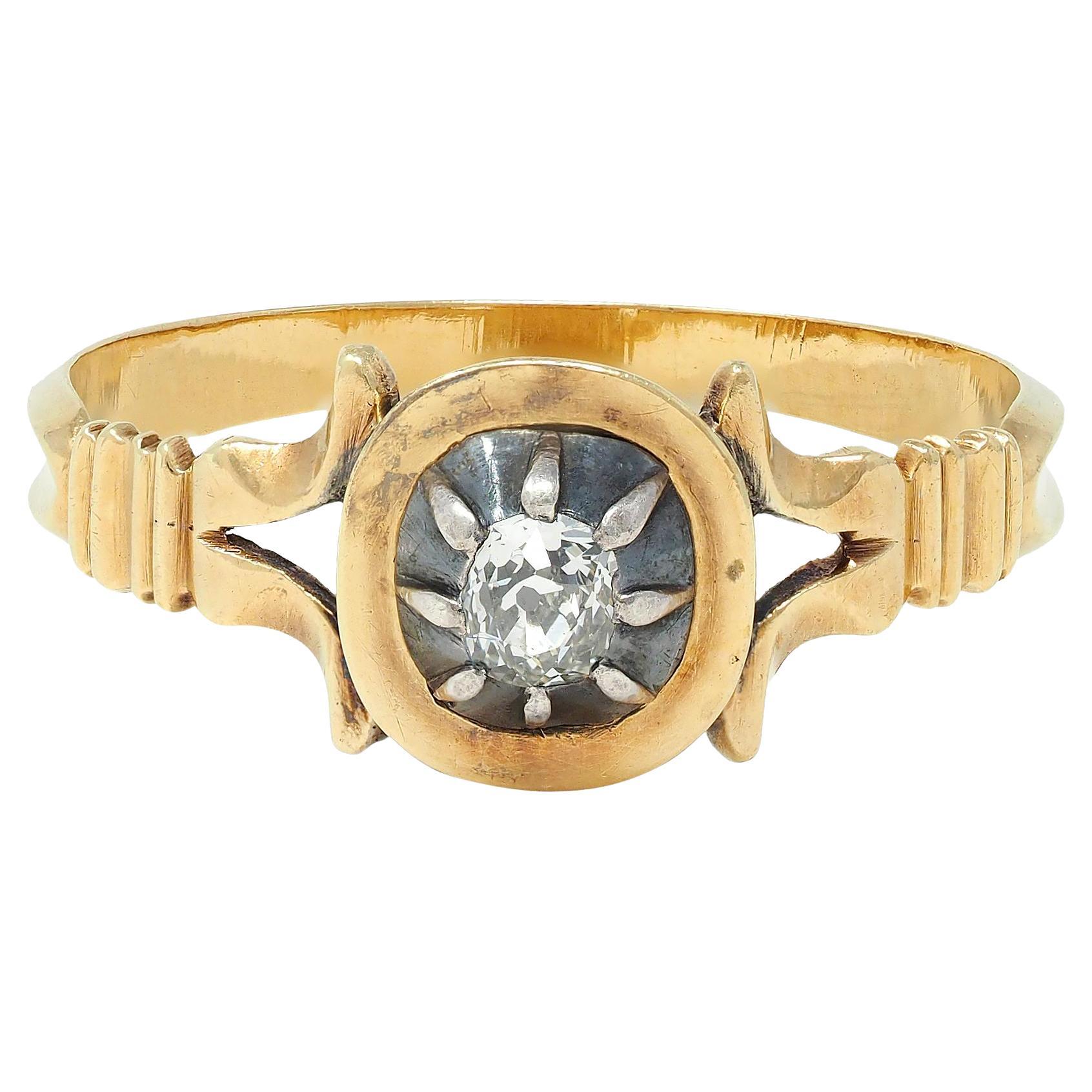 Georgian Old Mine Cut Diamond 18 Karat Gold Silver Antique Engagement Ring