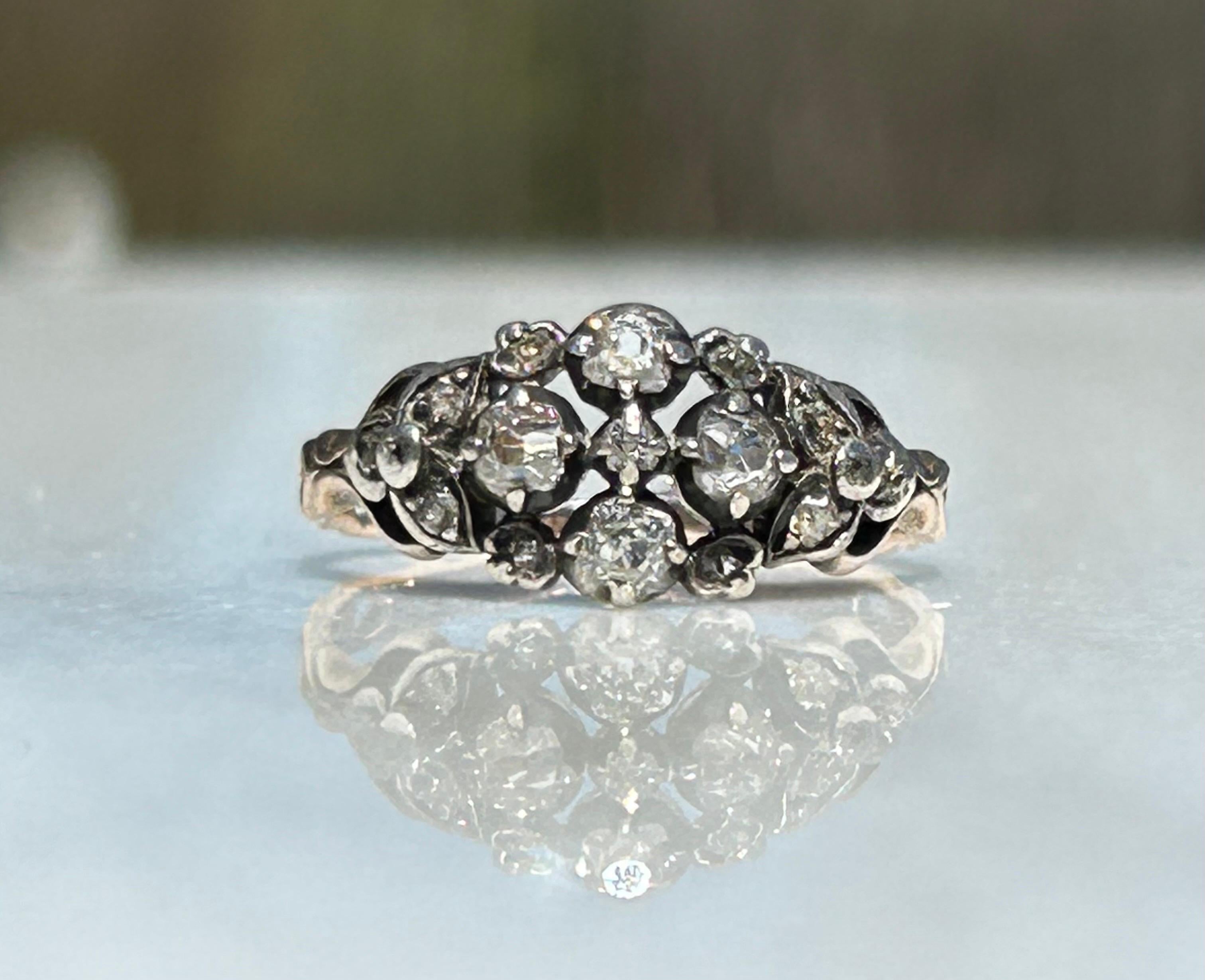 Georgian Old Mine Cut Diamond and 14k Gold Ring For Sale 1