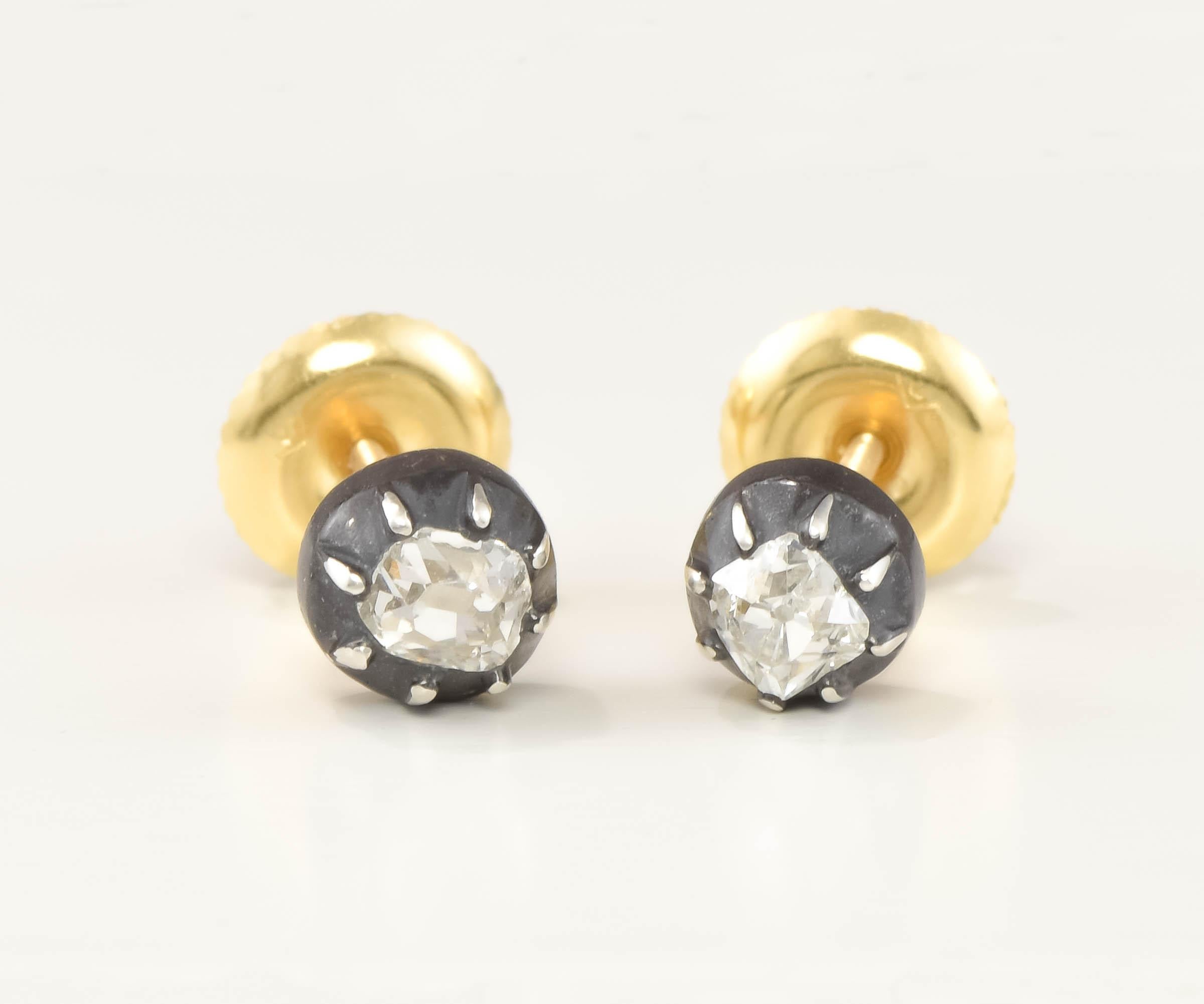 Georgian Old Mine Cut Diamond Stud Earrings in Silver & 18K Gold 2