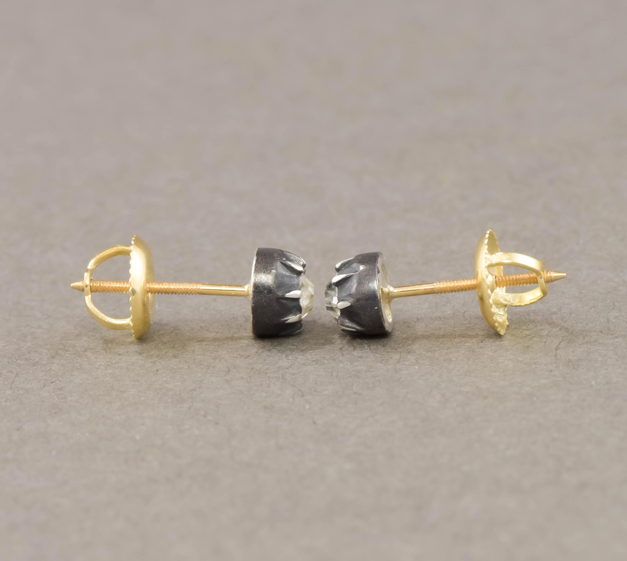 Georgian Old Mine Cut Diamond Stud Earrings in Silver & 18K Gold 5