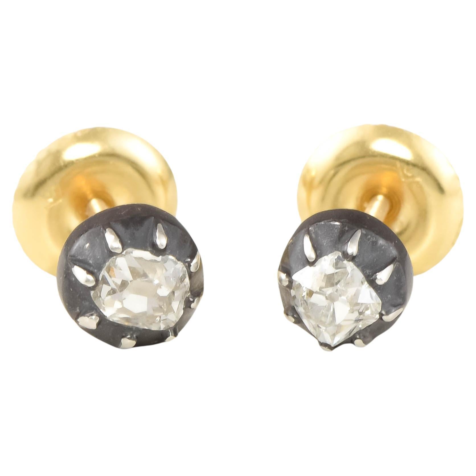 Georgian Old Mine Cut Diamond Stud Earrings in Silver & 18K Gold
