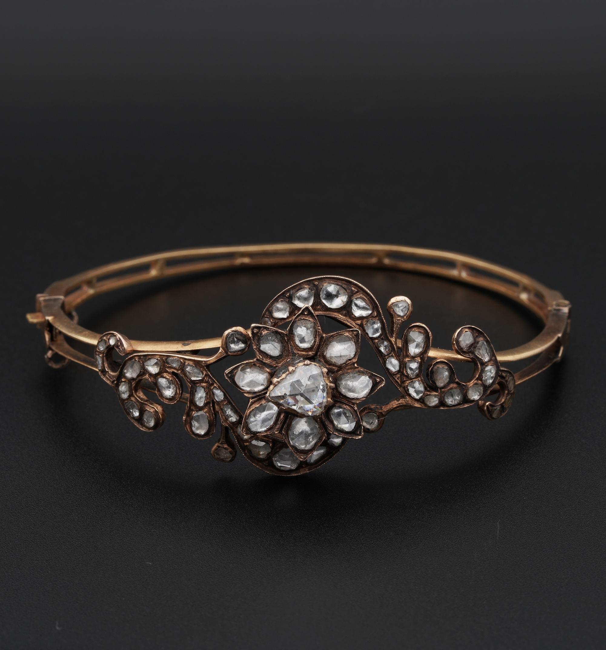 Georgian Diamond Sparkle!

Georgian jewellery was balanced, symmetrical, regal and elegant
This outstanding Diamond bangle is from the Georgian era reflecting the naturalist flower foliate design in vogue at the time
Superbly hand crafted of solid