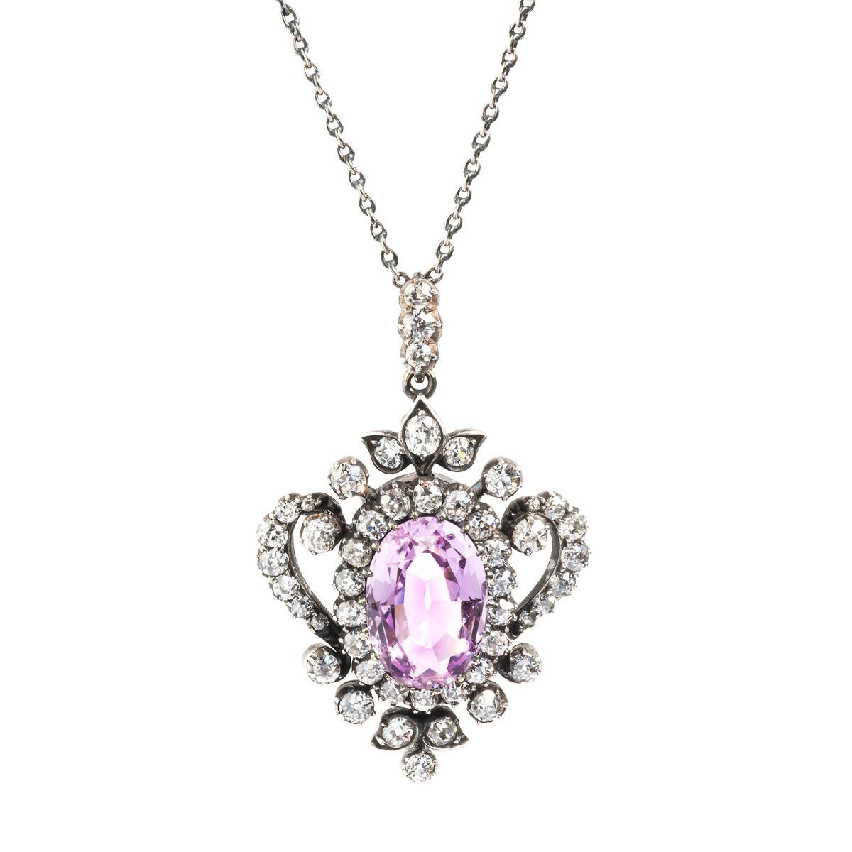 Georgian Oval Pink Topaz and Old Cut Diamond Pendant Set in Silver and Gold
