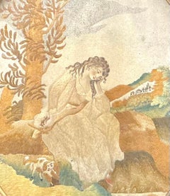 Georgian Oval Silk Embroidery of Girl With Her Dog, Framed