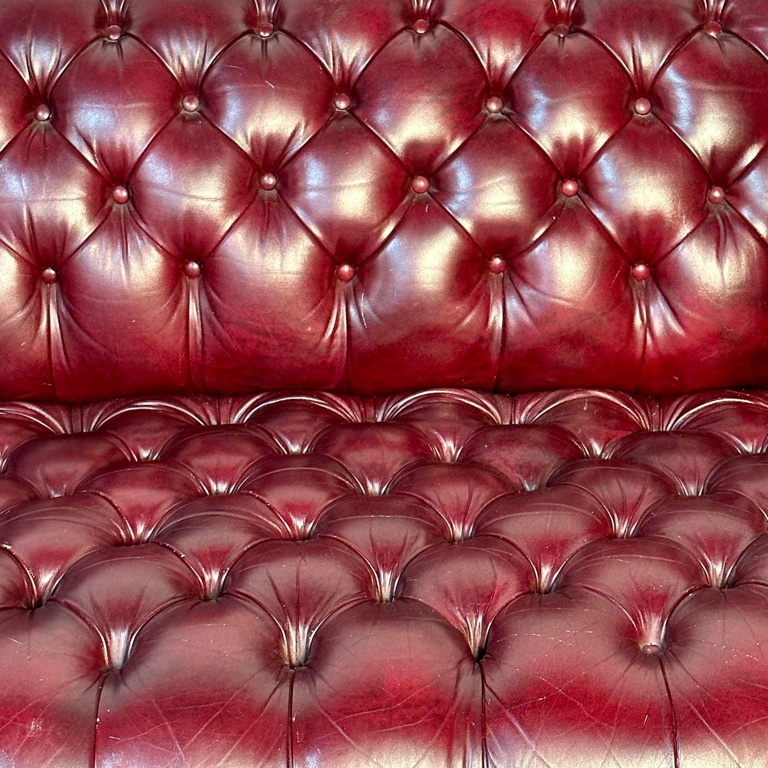 Georgian Oxblood Red Leather Chesterfield Sofa / Settee, Tufted, Bun Feet 4