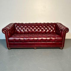 Georgian Oxblood Red Leather Chesterfield Sofa / Settee, Tufted, Bun Feet