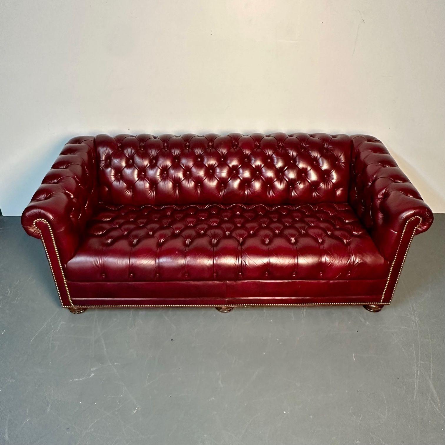 American Georgian Oxblood Red Leather Chesterfield Sofa / Settee, Tufted, Bun Feet