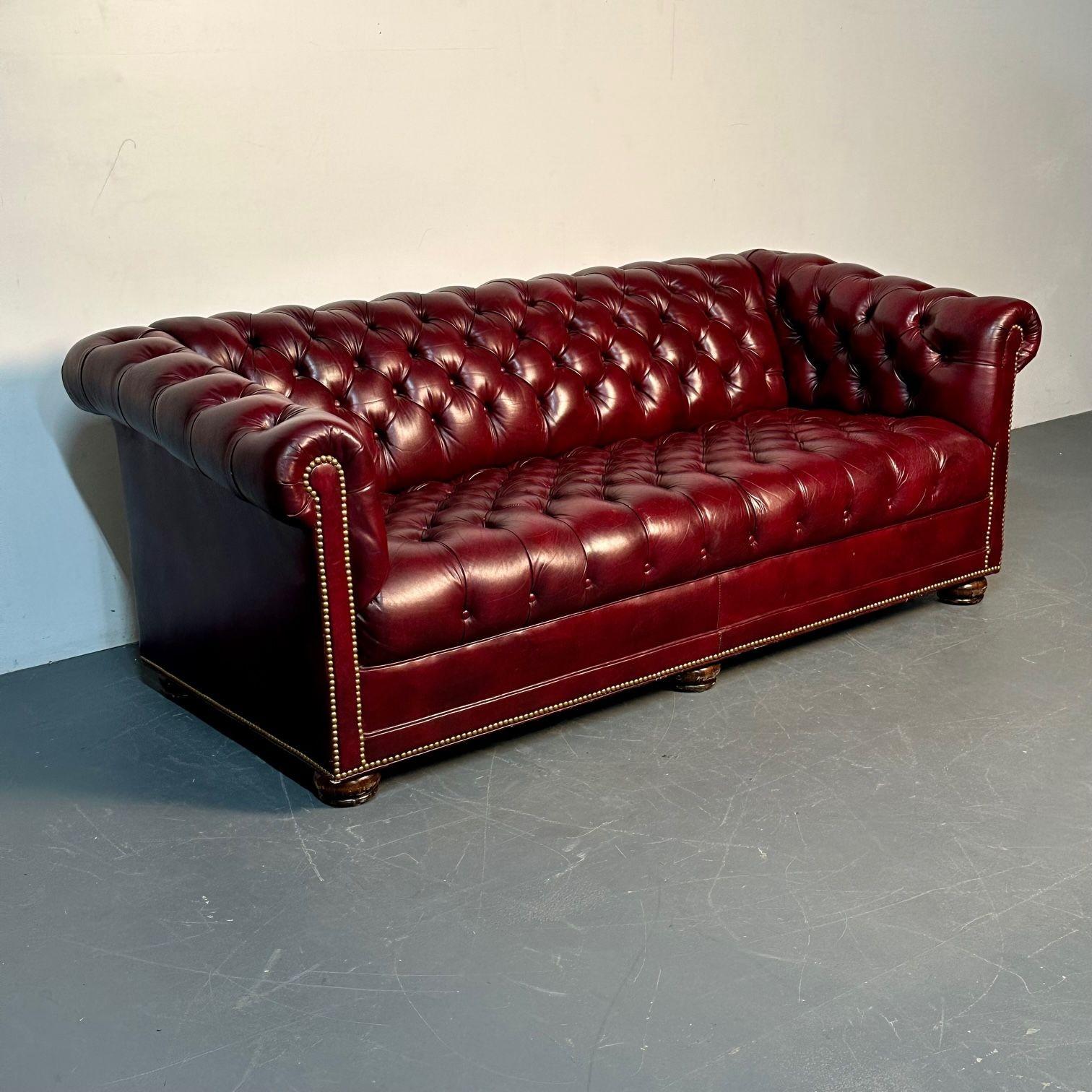 Contemporary Georgian Oxblood Red Leather Chesterfield Sofa / Settee, Tufted, Bun Feet