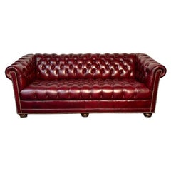 Georgian Oxblood Red Leather Chesterfield Sofa / Settee, Tufted, Bun Feet