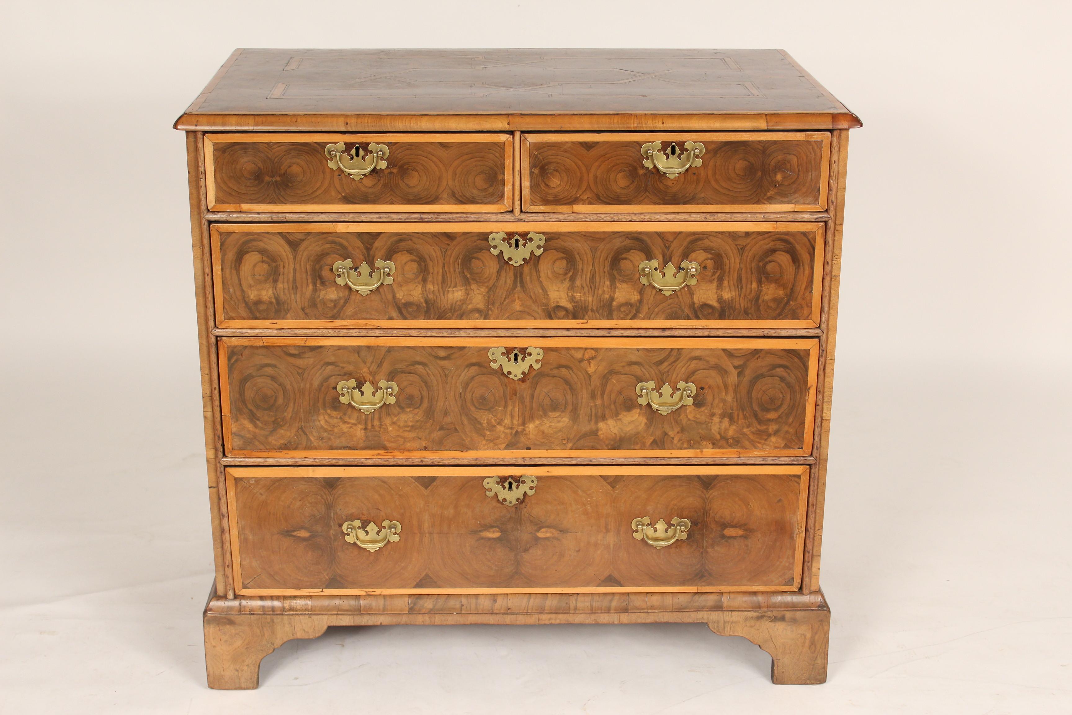 Georgian oyster burl chest of drawers, 18th century. Rare oyster burl (laburnum) used on top front and sides of chest, cross banded drawers, unusual inlay on top and sides, bottom and sides of chest dove tailed together.