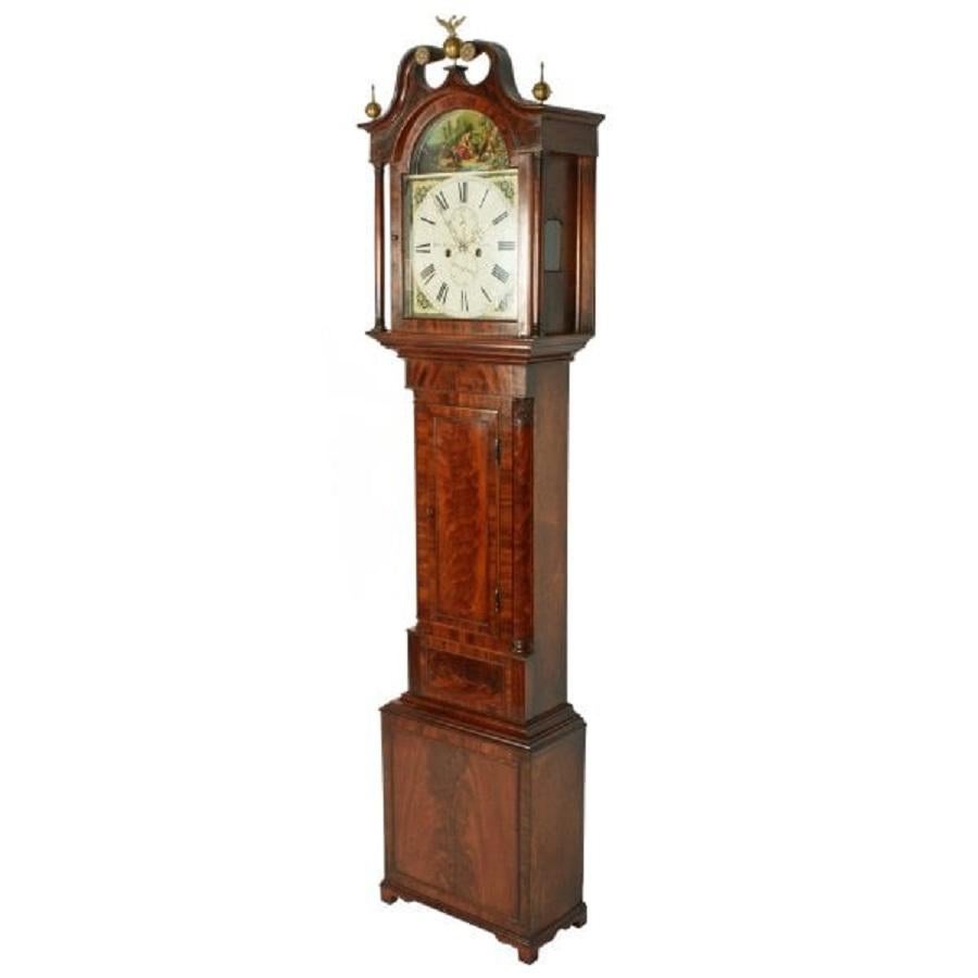 An early 19th century Georgian mahogany cased Grandfather clock by William Young of Dundee.

Young was a prolific clock maker who worked from 1805-1843 in the high street Dundee.

The clock has an exceptional quality flamed mahogany case with