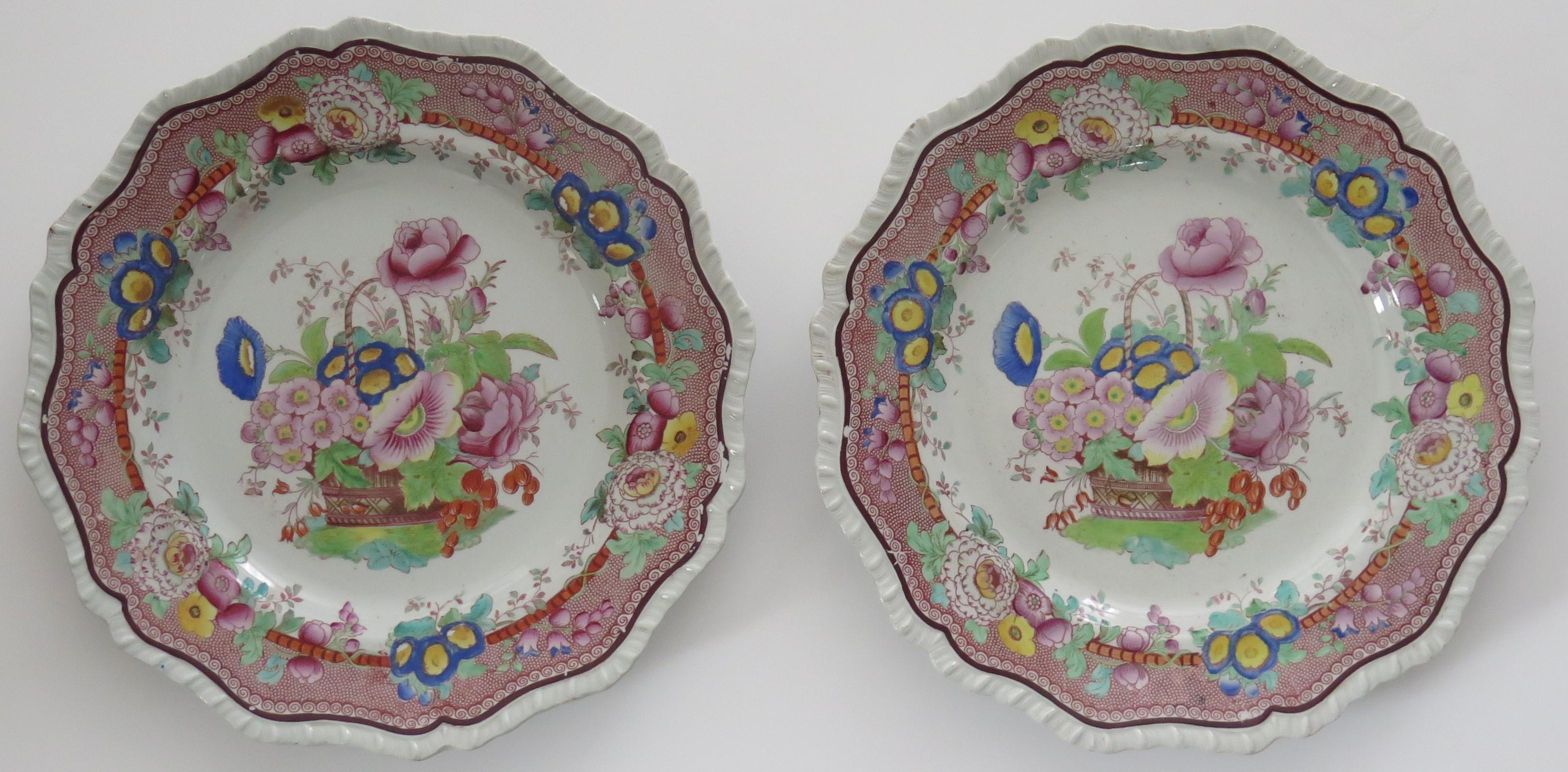 This is a good PAIR of ironstone Dinner Plates in hand painted floral pattern No. 23, made by Hicks and Meigh of Shelton, Staffordshire, England between 1812 and 1822, circa 1815.

The plates have a large diameter of over 10 inches and are well