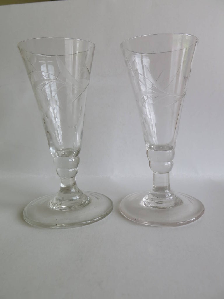 Pair of Engraved Wine Drinking Glasses Hand Blown, circa 1790