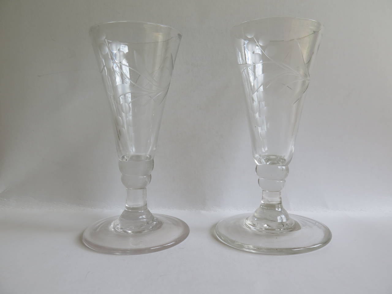 Hand-Crafted Georgian PAIR of Engraved Wine or Ale Drinking Glasses Hand Blown, circa 1790