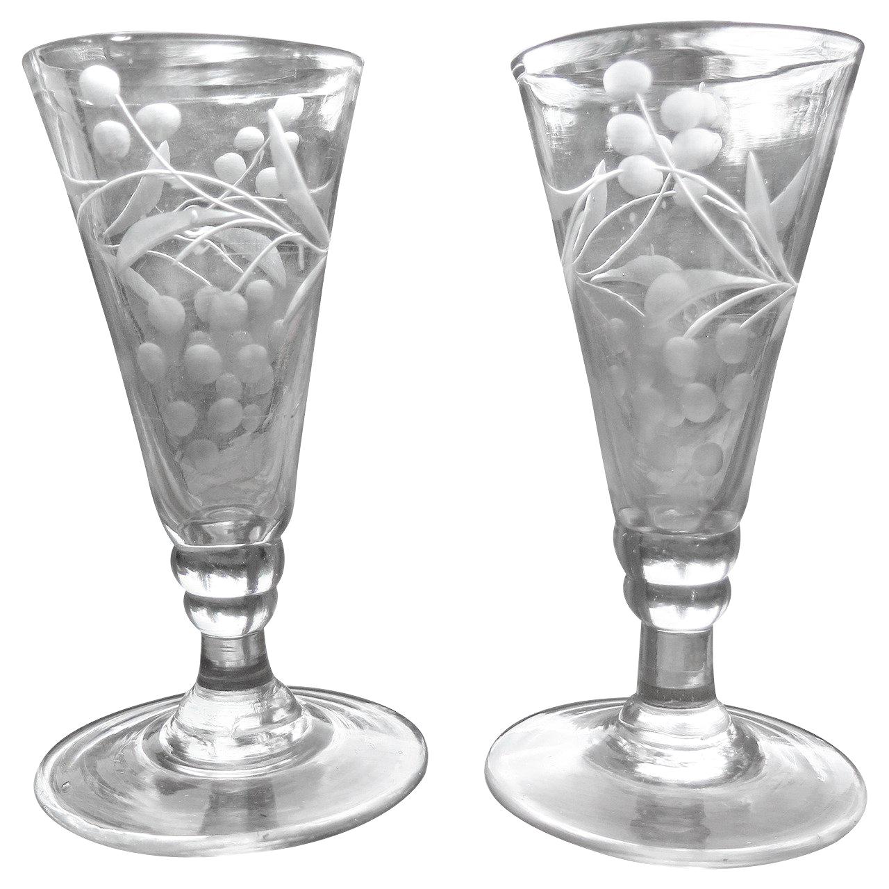 Georgian PAIR of Engraved Wine or Ale Drinking Glasses Hand Blown, circa 1790