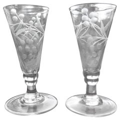 Georgian PAIR of Engraved Wine or Ale Drinking Glasses Hand Blown, circa 1790