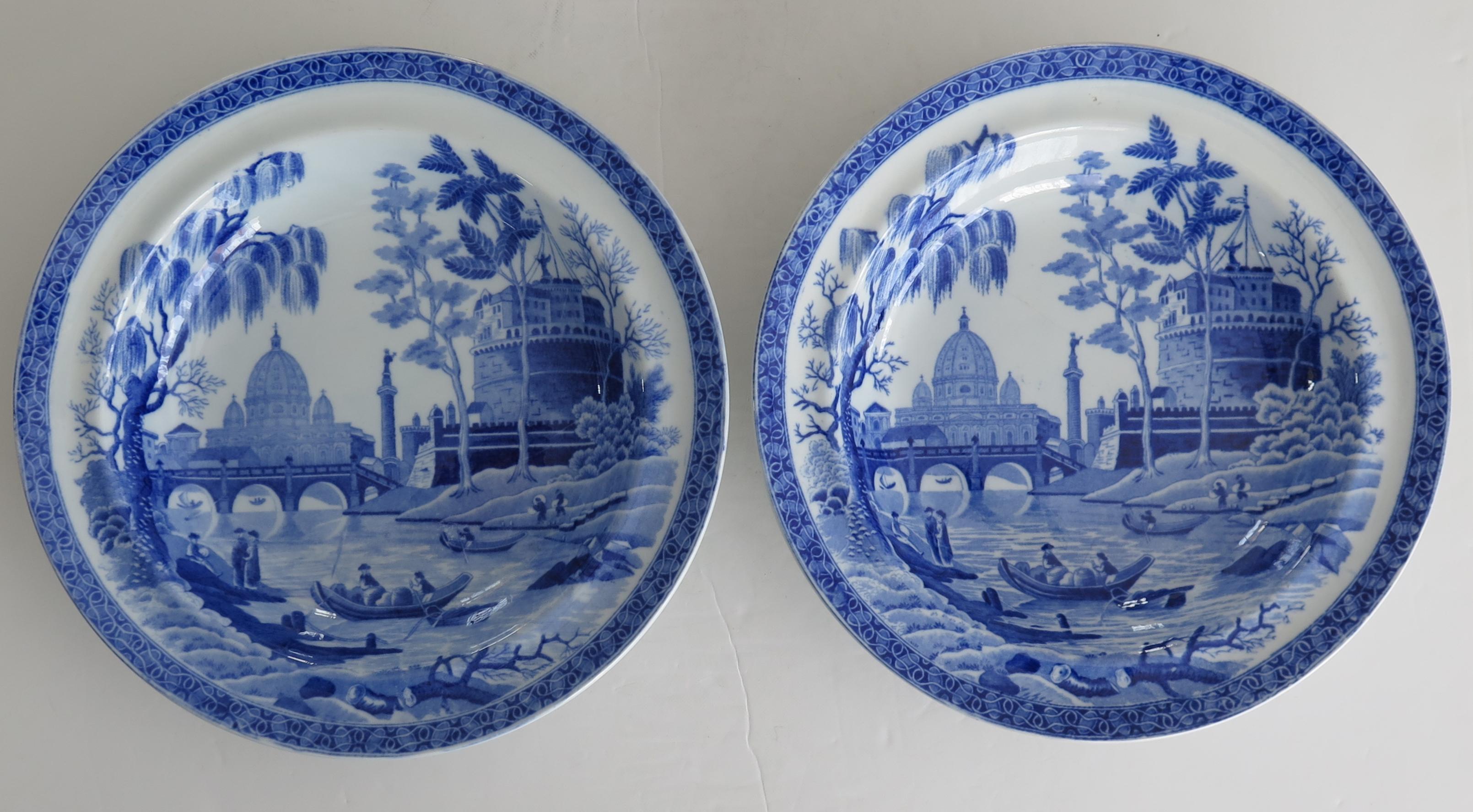 Georgianische PAIR-Suppenschalen von Spode in Blau & Weiß mit Rom- oder Tibermuster, ca. 1815 (Englisch) im Angebot