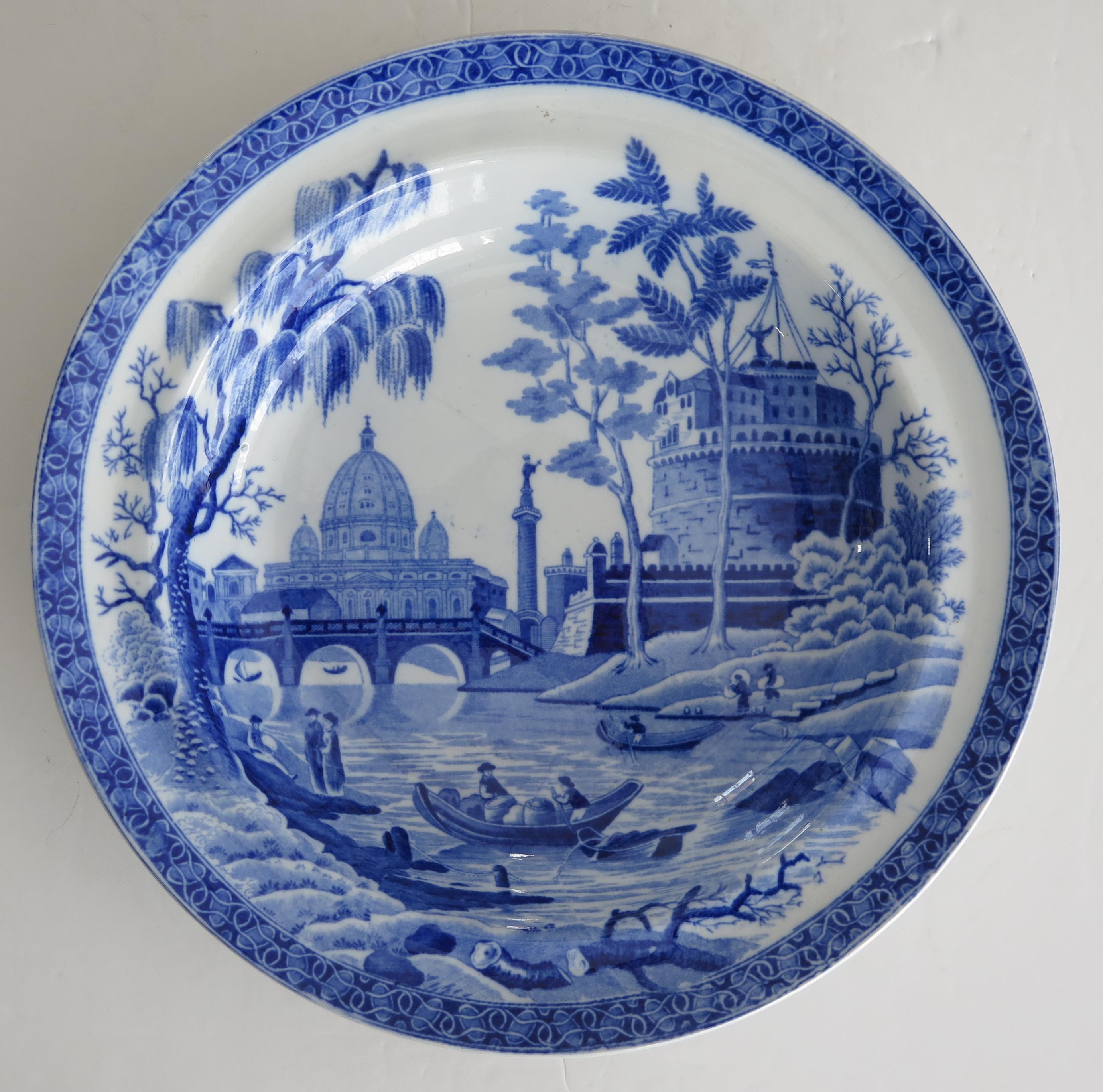 Georgianische PAIR-Suppenschalen von Spode in Blau & Weiß mit Rom- oder Tibermuster, ca. 1815 (Perlenware) im Angebot