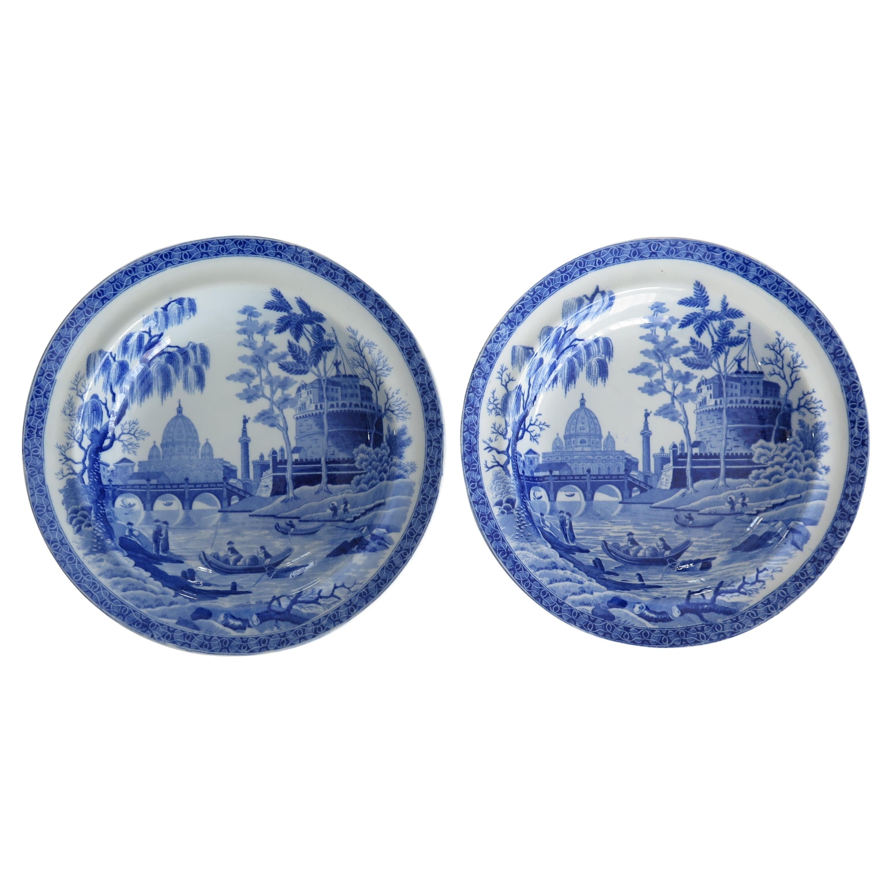 Georgian PAIR Soup Bowls by Spode in Blue & White Rome or Tiber Pattern, Ca 1815 For Sale