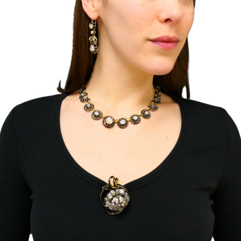 Georgian Parure Set Gold Silver Rose Cut Diamond Necklace Earrings Brooch For Sale 14