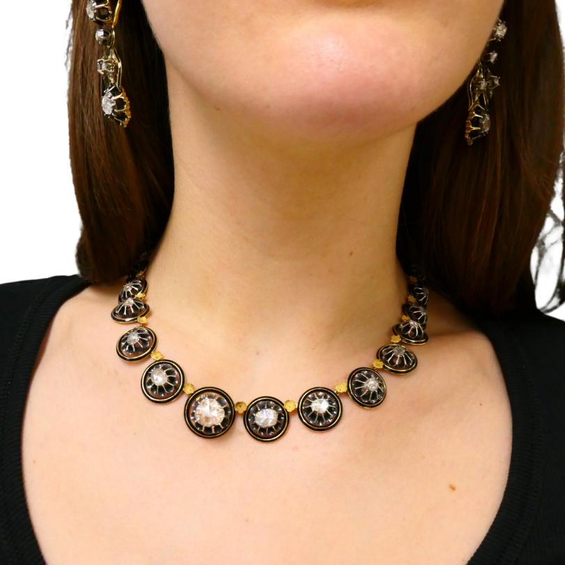 Georgian Parure Set Gold Silver Rose Cut Diamond Necklace Earrings Brooch For Sale 15