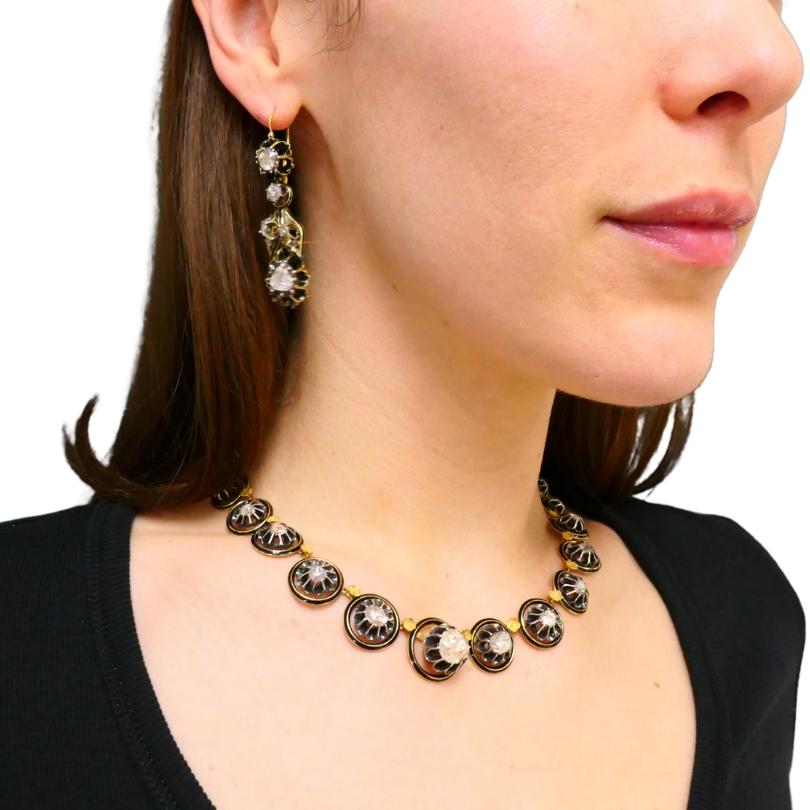 Georgian Parure Set Gold Silver Rose Cut Diamond Necklace Earrings Brooch In Good Condition For Sale In Beverly Hills, CA