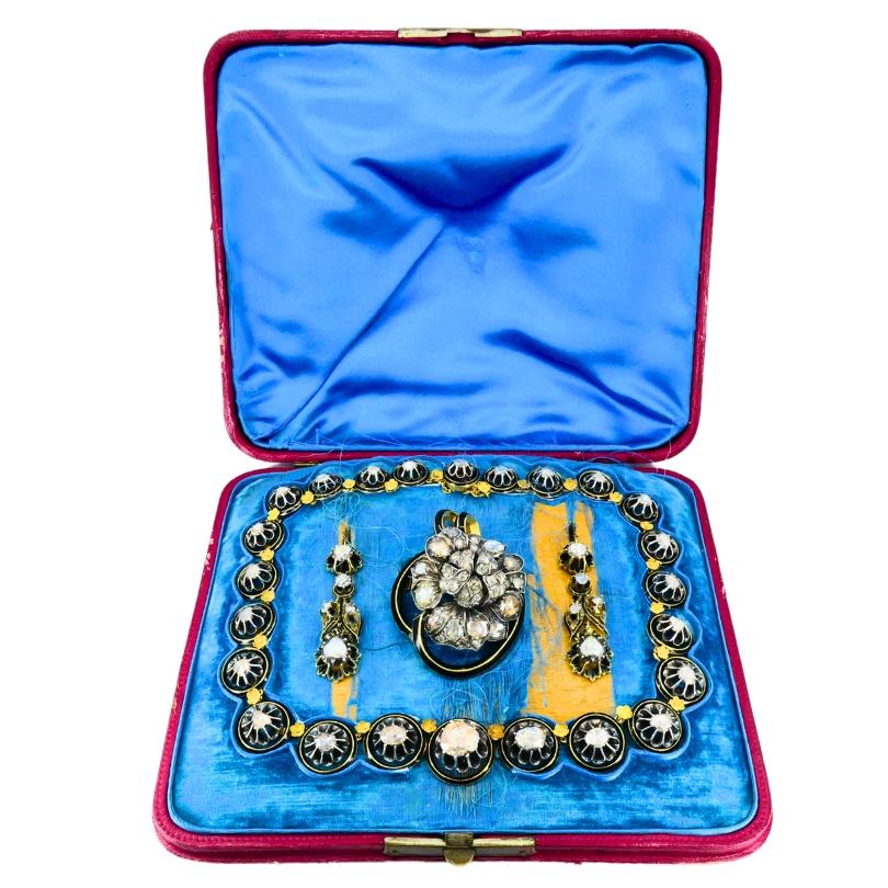 Women's Georgian Parure Set Gold Silver Rose Cut Diamond Necklace Earrings Brooch For Sale