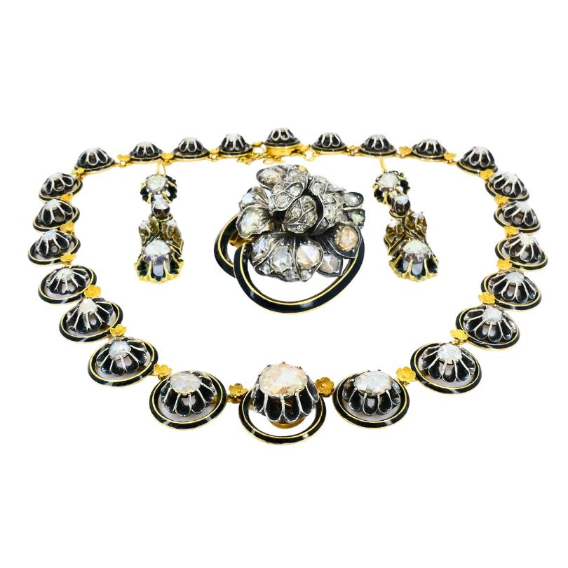 Georgian Parure Set Gold Silver Rose Cut Diamond Necklace Earrings Brooch For Sale 1