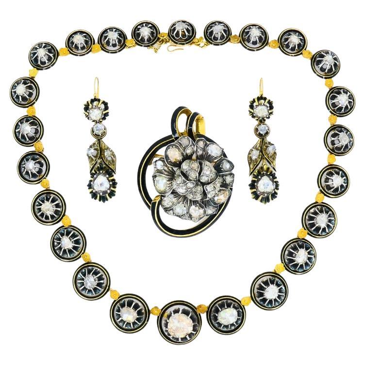 Georgian Parure Set Gold Silver Rose Cut Diamond Necklace Earrings Brooch