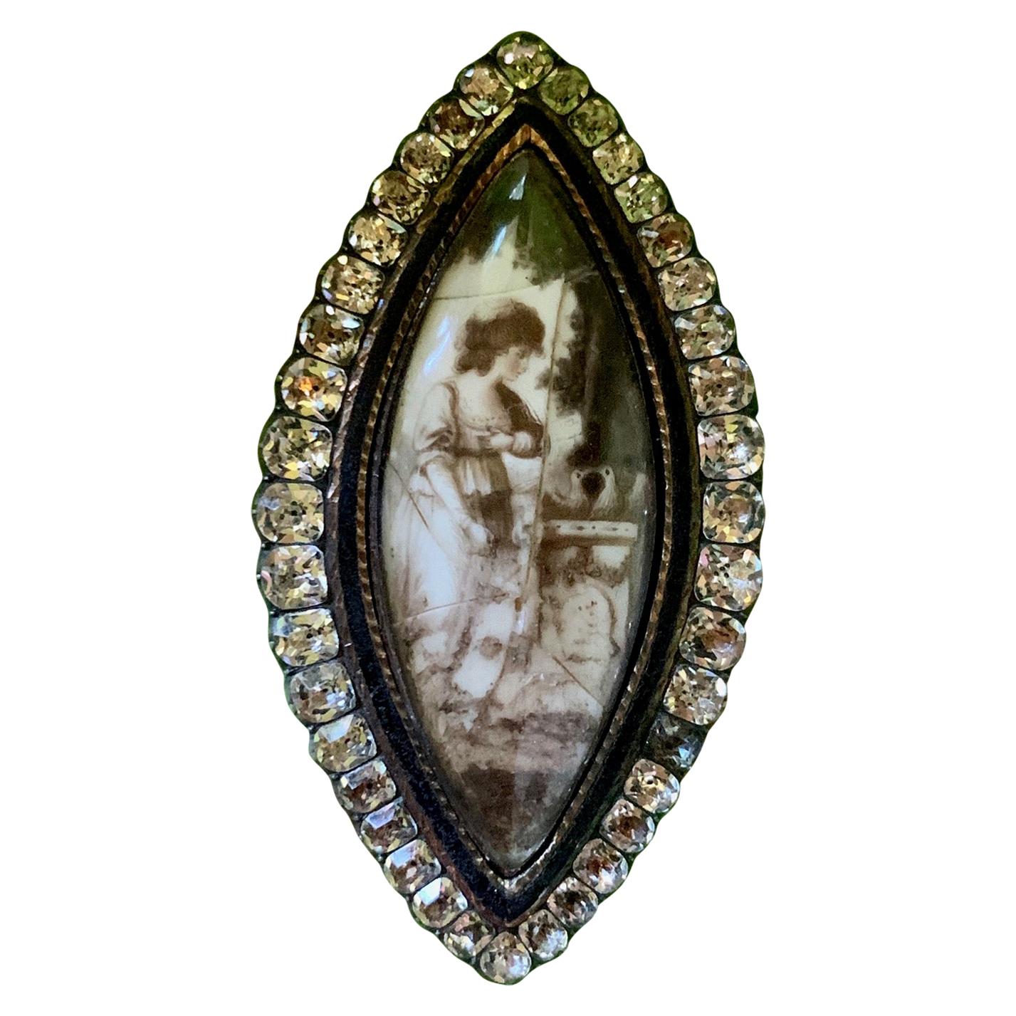 Georgian Paste and 15 Karat Gold Sepia Portrait Mourning Pin and Pendant