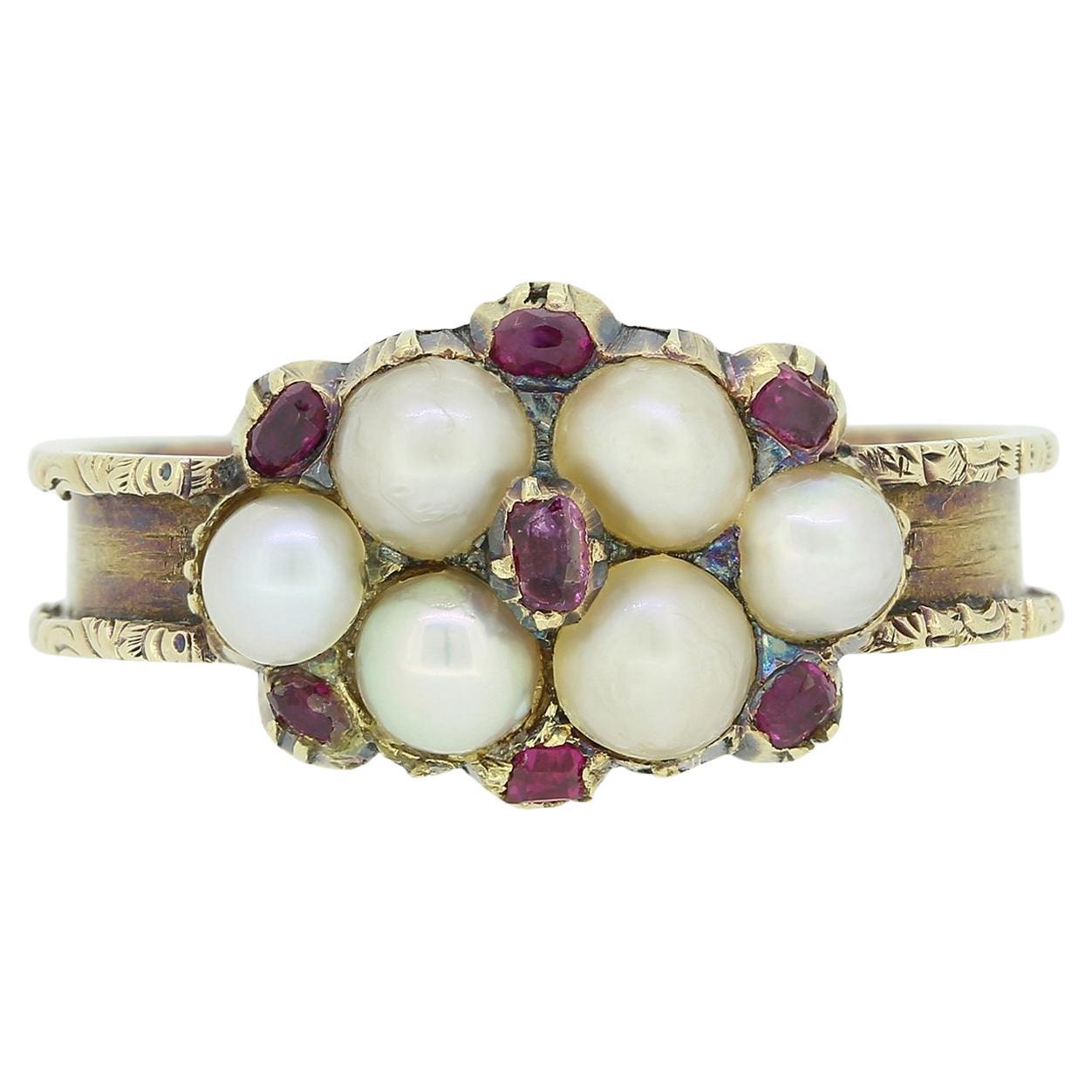 Georgian Pearl and Ruby Cluster Ring For Sale