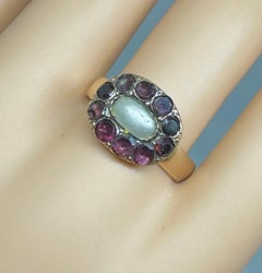 Georgian Pearl Bohemian Garnet Halo Ring Gold Victorian Wedding Engagement Ring