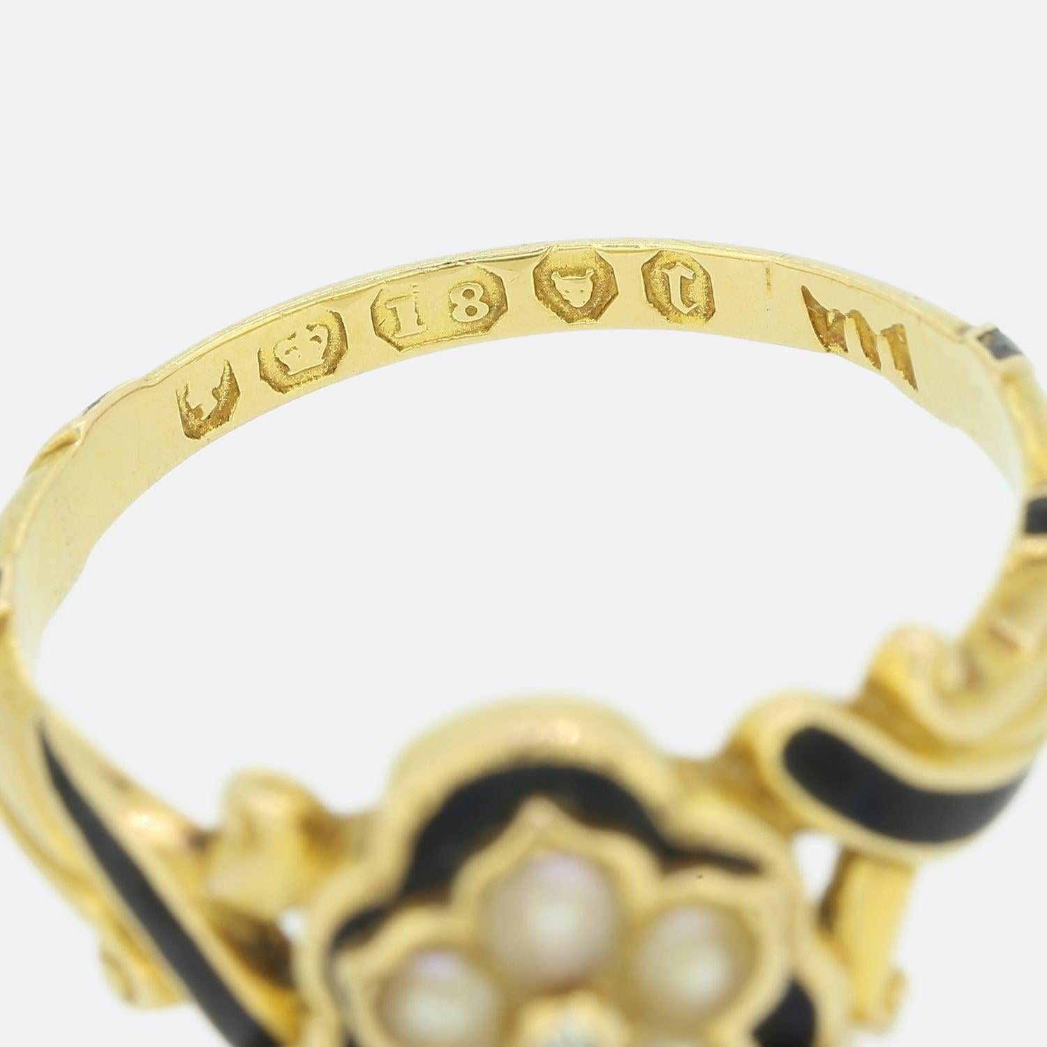 Georgian Pearl, Diamond and Enamel Mourning Locket Ring For Sale 1