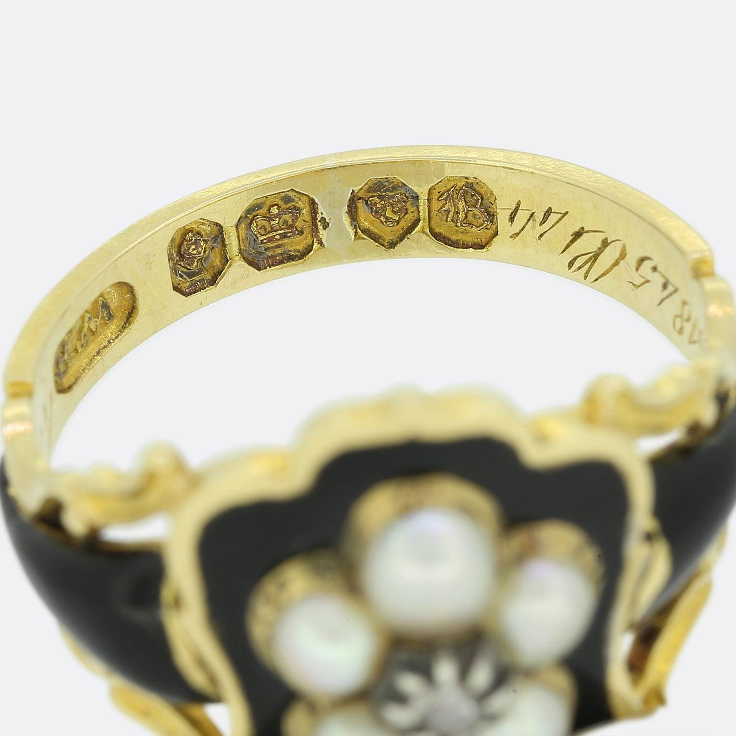 Georgian Pearl, Diamond and Enamel Mourning Locket Ring For Sale 3