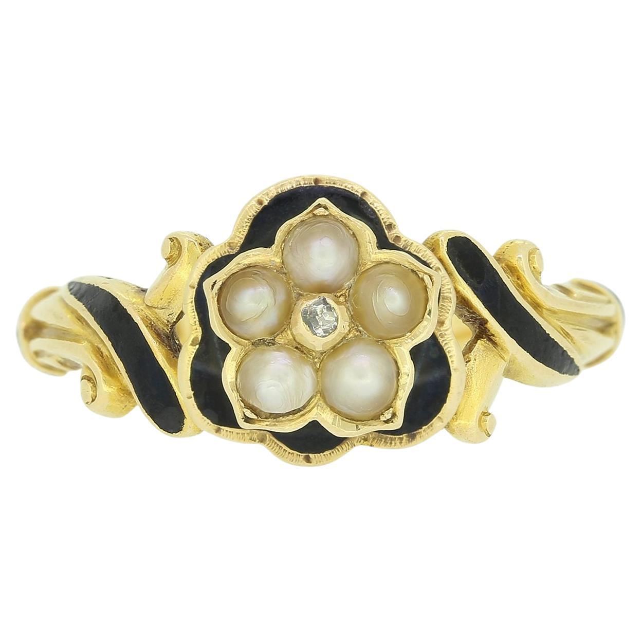 Georgian Pearl, Diamond and Enamel Mourning Locket Ring For Sale