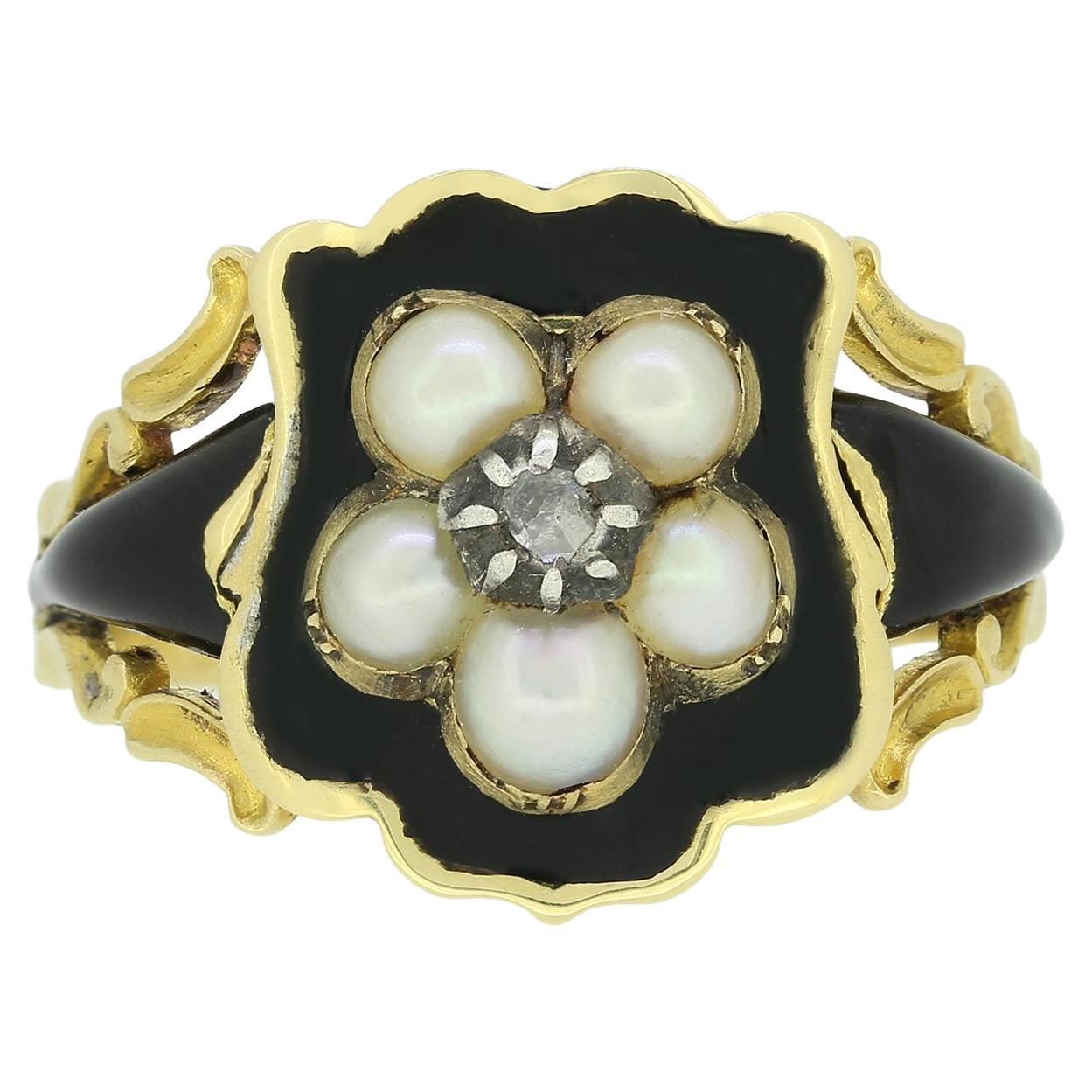 Bague de médaillon de deuil en perles, diamants et émail de Géorgie