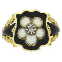 Antique Georgian Pearl, Diamond and Enamel Mourning Locket Ring
