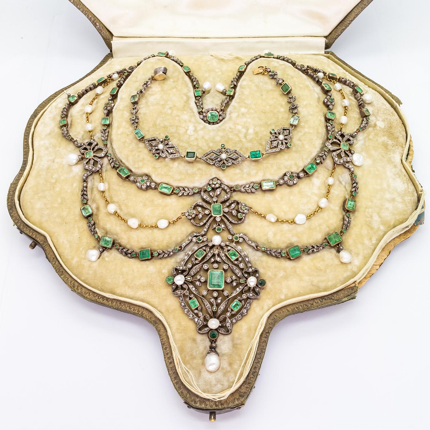 Antike französische Perle Smaragd und Diamant Halskette und Armband Suite um 1850 Damen