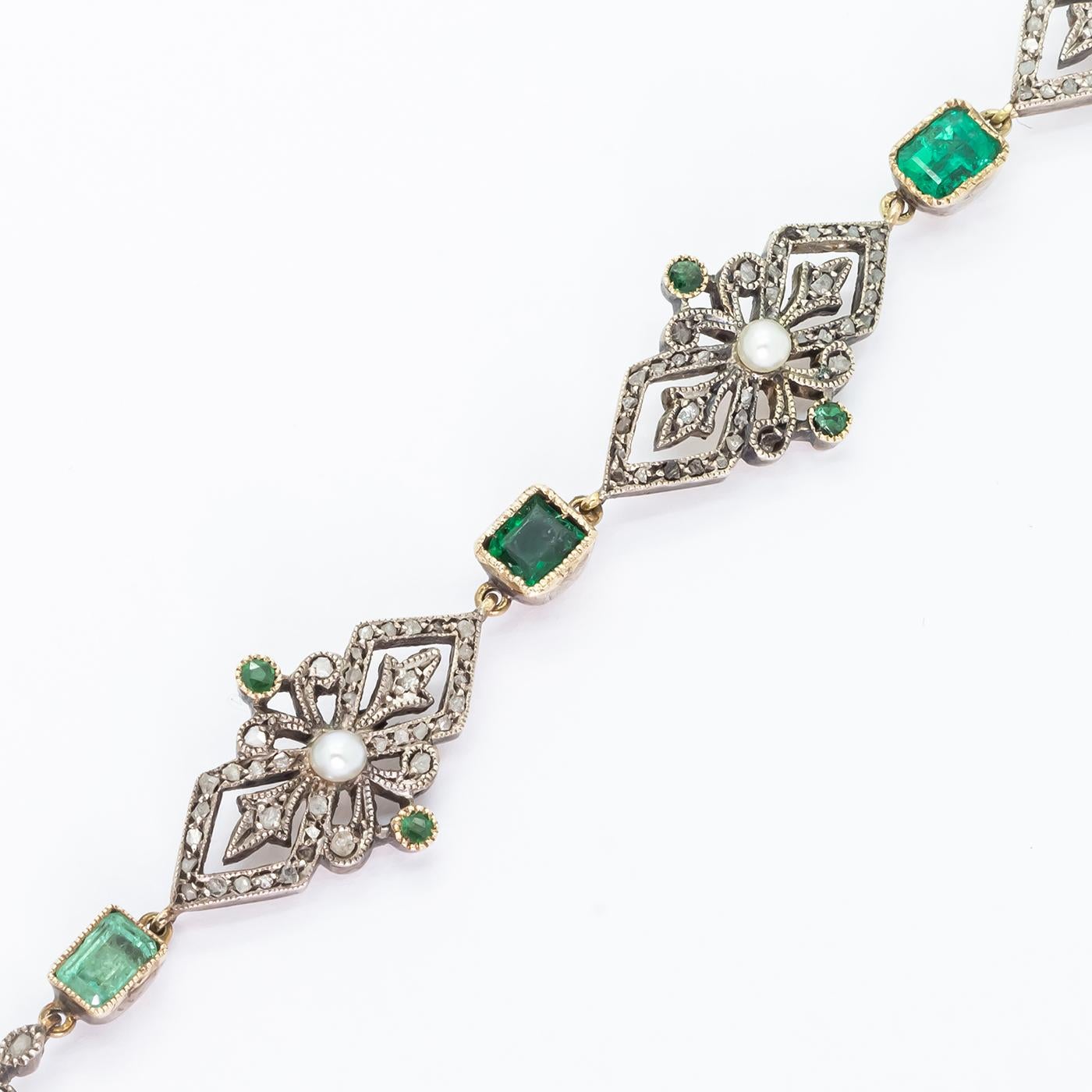 Antique French Pearl Emerald and Diamond Necklace and Bracelet Suite circa 1850 1