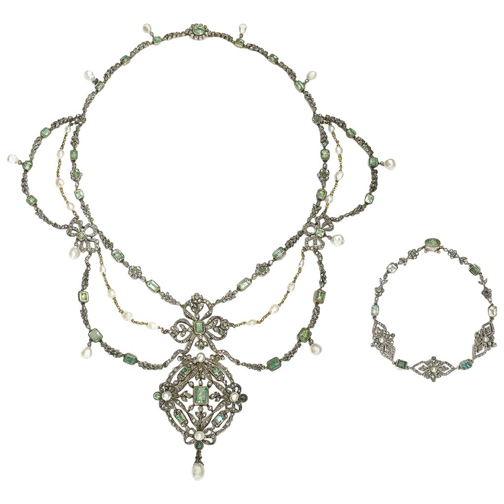 Antique French Pearl Emerald and Diamond Necklace and Bracelet Suite circa 1850