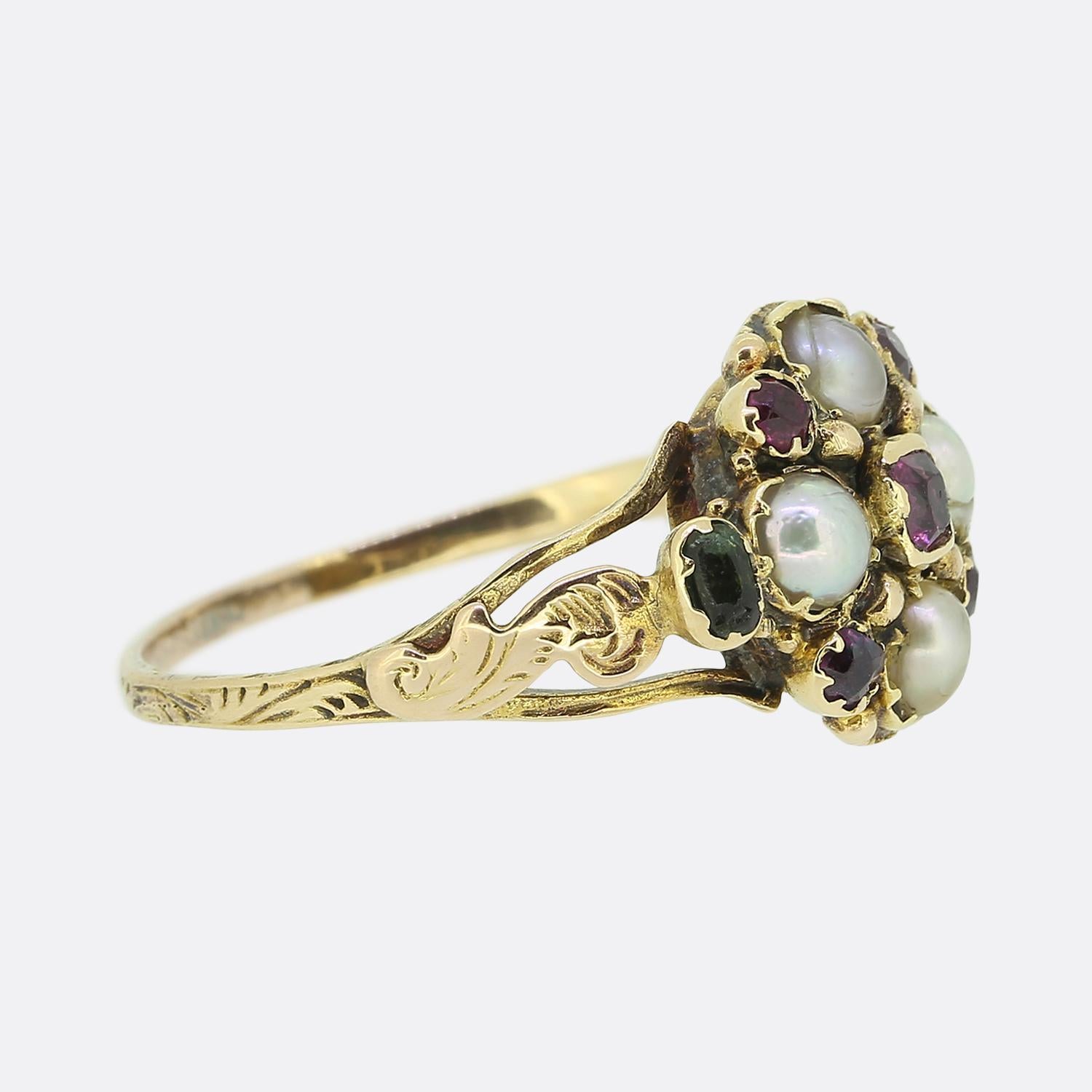 Round Cut Georgian Pearl Garnet and Emerald Cluster Ring For Sale