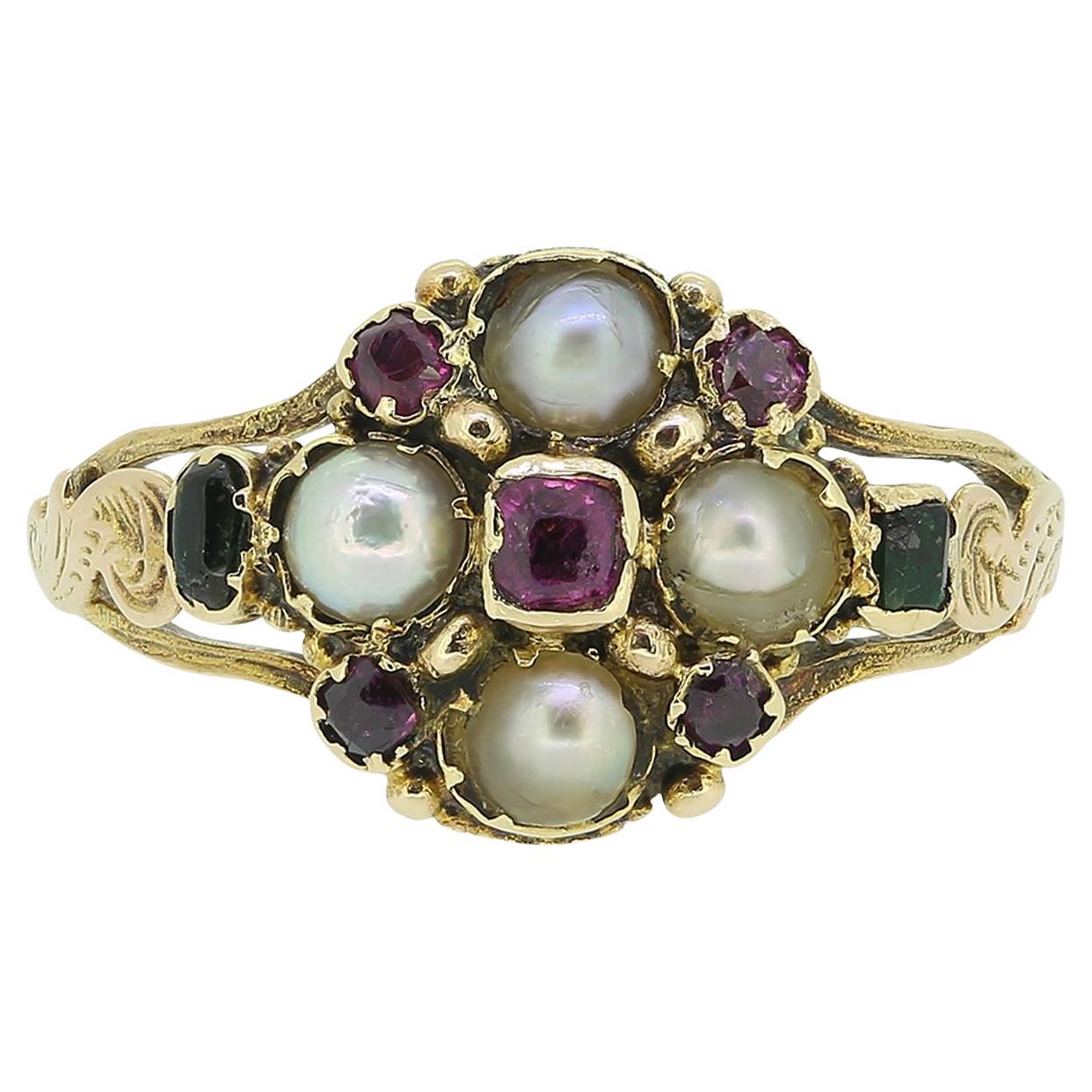 Georgian Pearl Garnet and Emerald Cluster Ring For Sale