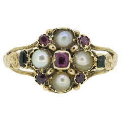 Georgian Pearl Garnet and Emerald Cluster Ring