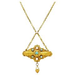 Georgian Pearl Turquoise 18 Karat Yellow Gold Heart Locket Pendant Necklace
