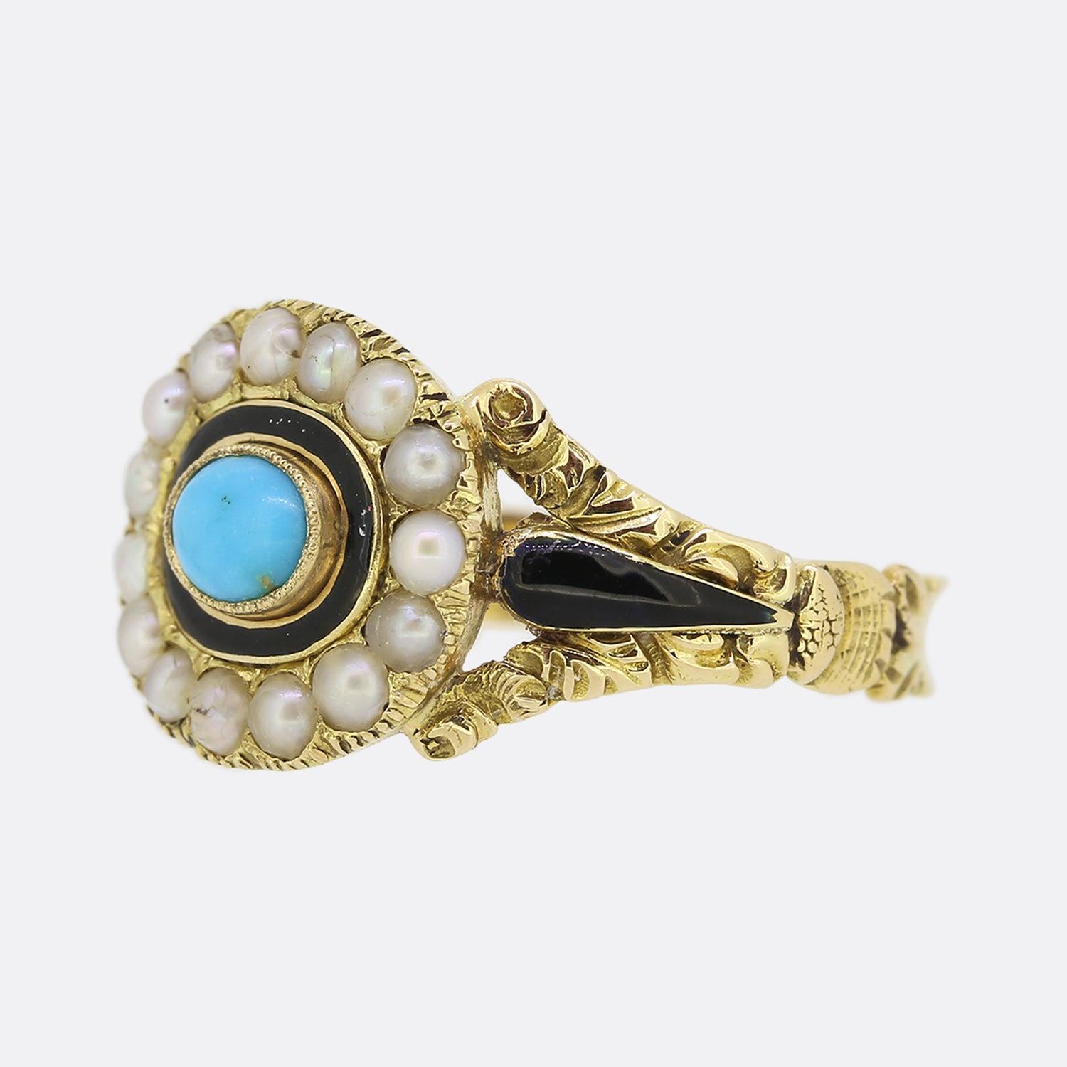 This is a wonderful hand made 18ct yellow gold Georgian mourning ring. The ring is set with a central oval cut turquoise in a rubover setting and is surrounded by black enamel and fifteen original natural pearls in an oval shaped face. The back of