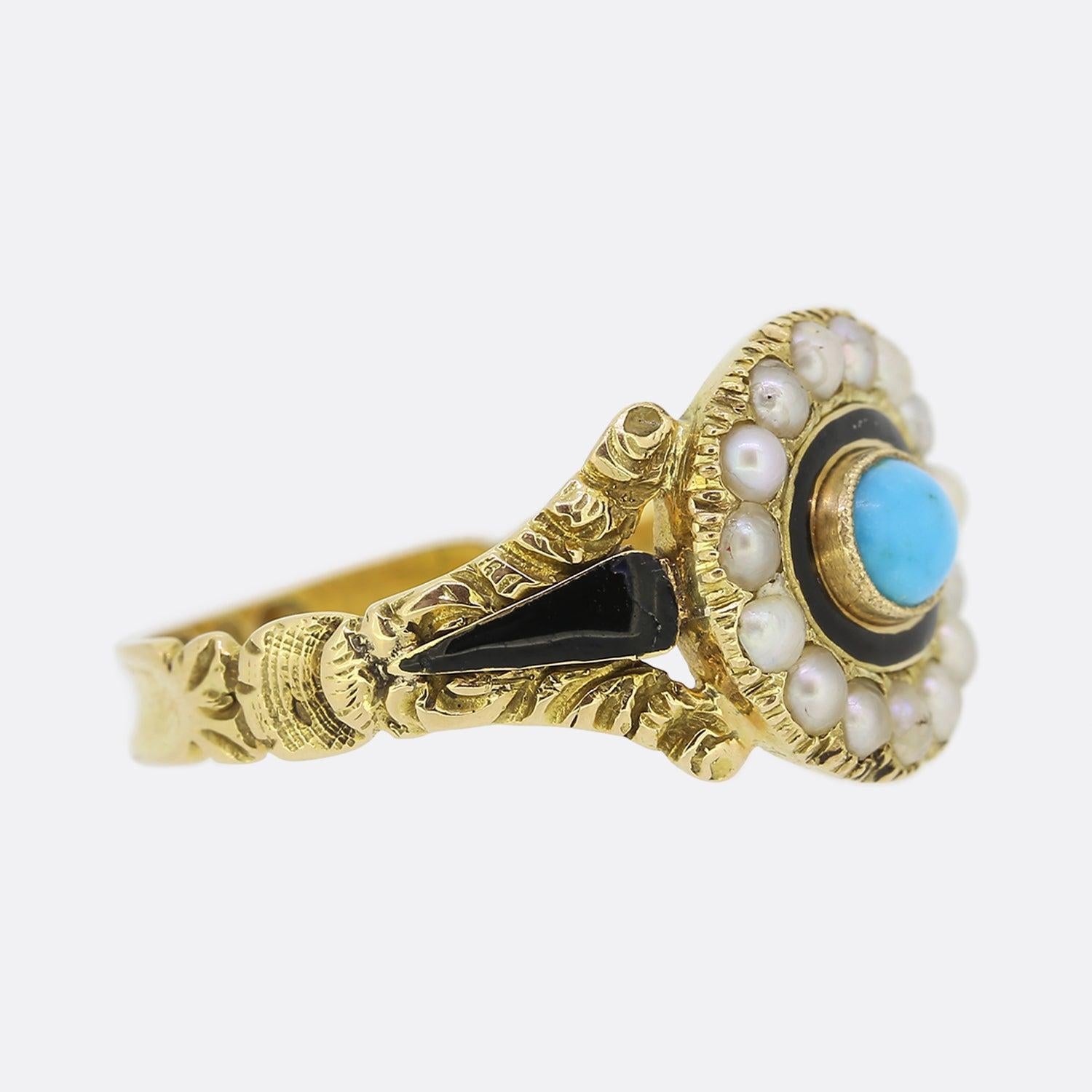 Oval Cut Georgian Pearl, Turquoise and Enamel Mourning Ring