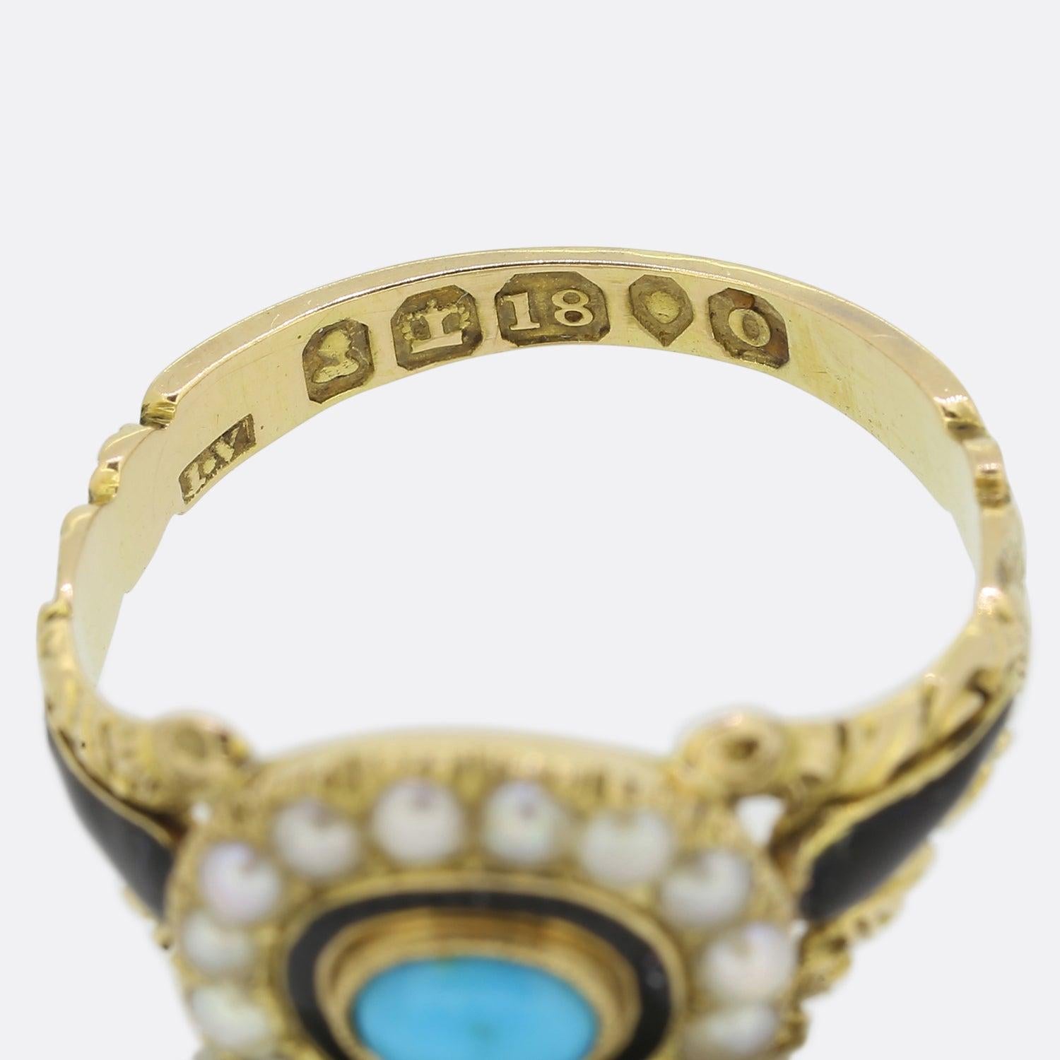 Women's Georgian Pearl, Turquoise and Enamel Mourning Ring